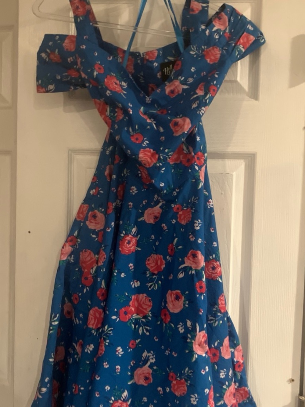 Hell Bunny Blue Floral Off-Shoulder Girls Dress with Pink Roses